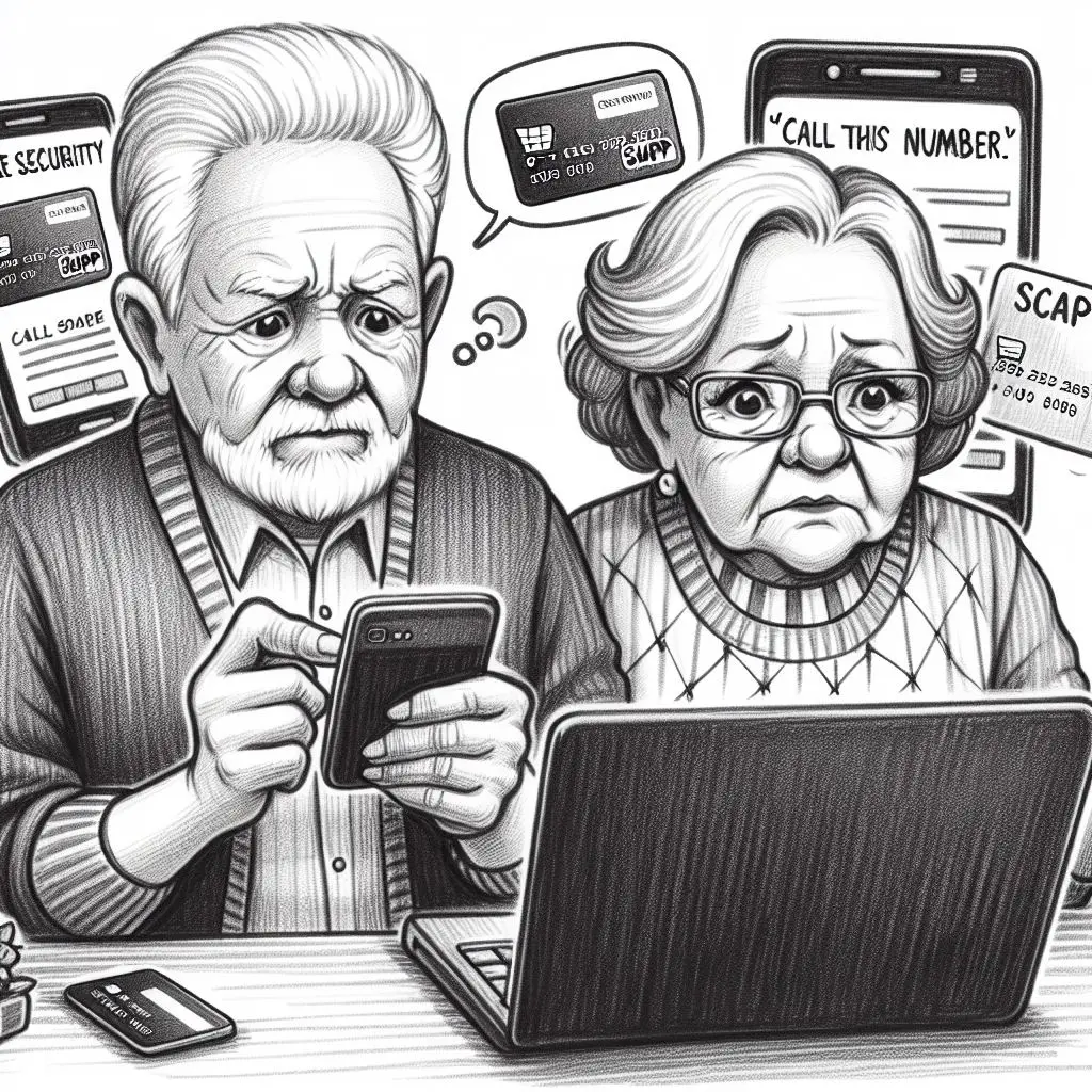 An old man and woman are looking at a phone.