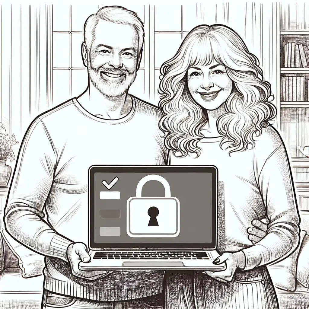 A man and woman holding an open laptop.