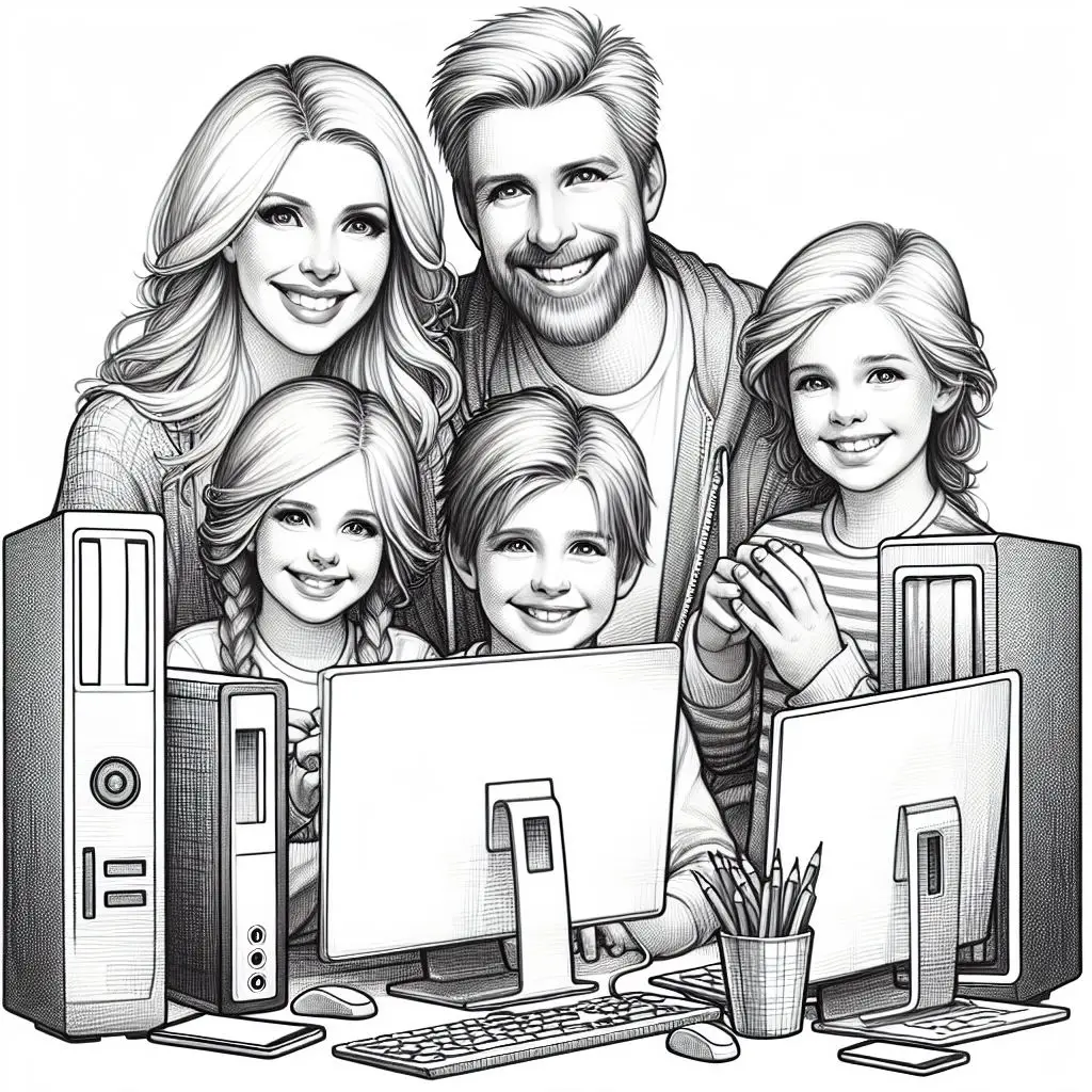 A family of four with computers and keyboards.