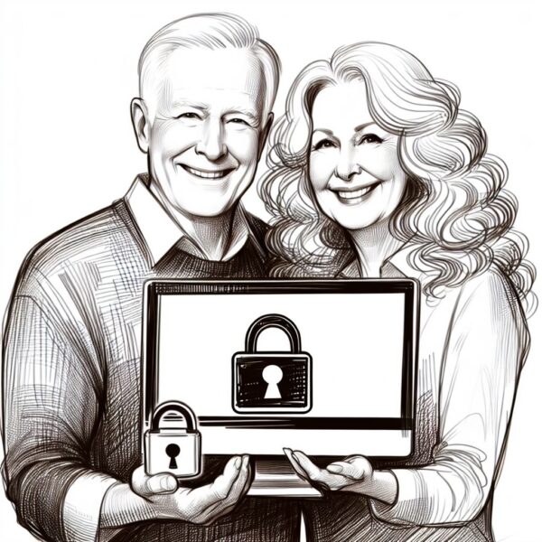 Pencil Sketch of a happy couple with their computer feeling confident